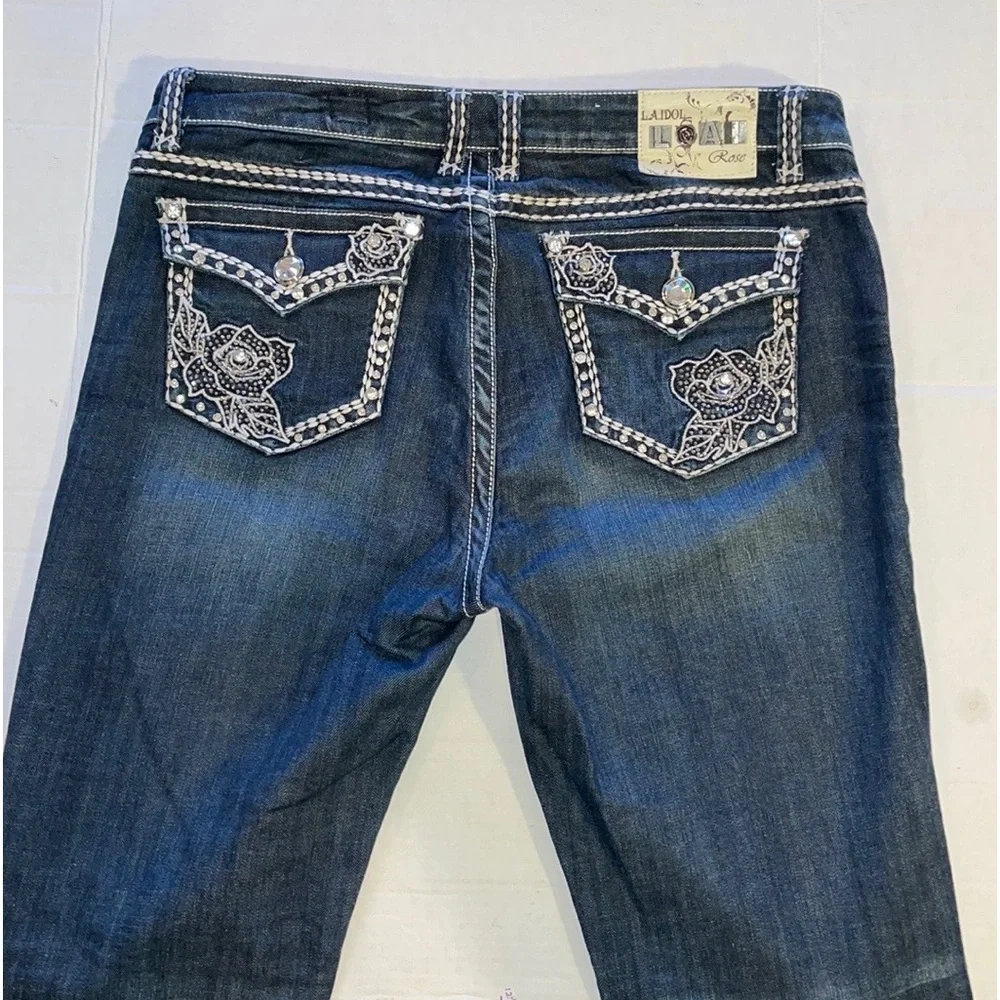 LA IDOL JEANS 15  ROSE Flair LEG JEANS RHINESTONES 5-POCKET ZIPFLY - Picture 13 of 16